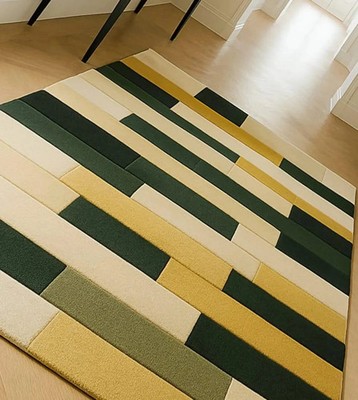 New Hand Tufted Geometric Rug: Modern Green, Yellow & Beige Carpet Rugs