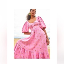 Farm Rio Pink Puff-Sleeve Palm Tree Tropical Maxi Dress Women’s Medium