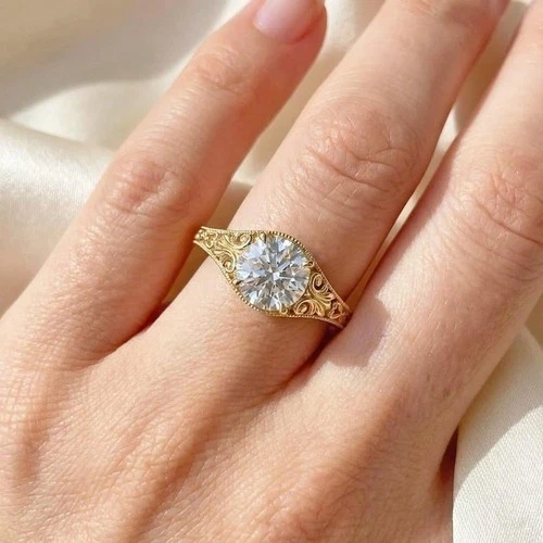 Art Deco Style Round Cut Lab Created Diamond 14K Yellow Gold FN Wedding Ring