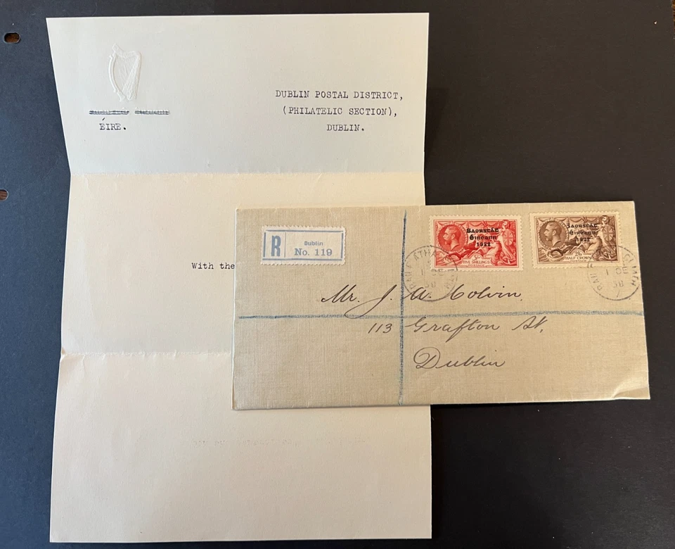 Caballitos de mar irlandeses 1938 SG99/100 2/6 y 5 en cubierta tejida registrada Dublín Irlanda Foto 3 de 4