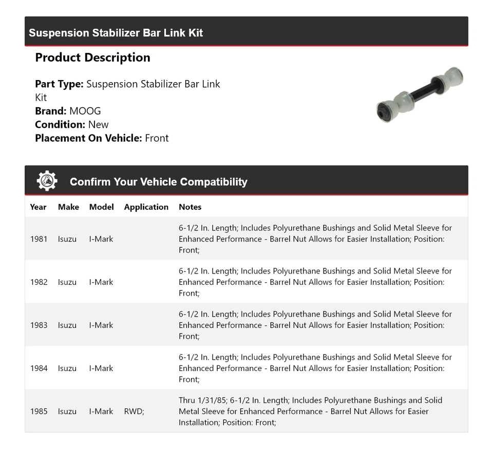 Kit de enlace de barra estabilizadora de suspensión delantera MOOG 1981-1985 ISUZU I-MARK 1981 Foto 2 de 4