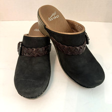 Dansko Melanie Black Nubuck Leather Braided Buckle Mules Clogs Womens 36 US 6