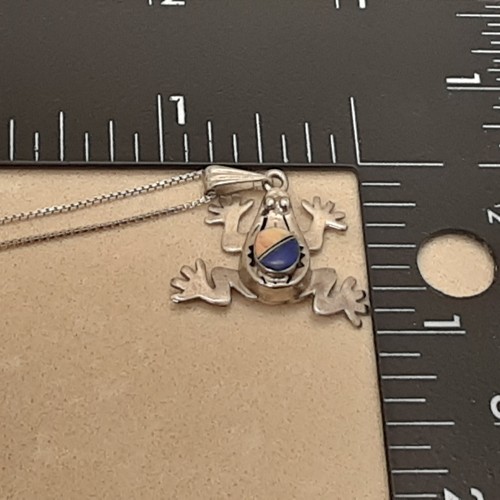 Navajo Handmade Sterling Silver Multicolor Inlay Frog Pendant w/ Sterling Chain - Picture 3 of 5