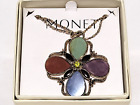 Vtg signed Monet Gold Tone Glass & Rhinestone Pendant w/ 17" Necklace in box