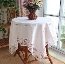 White Lace Dinning Tablecloth Hand-drawn Embroideried Cotton Linen Table Cover  