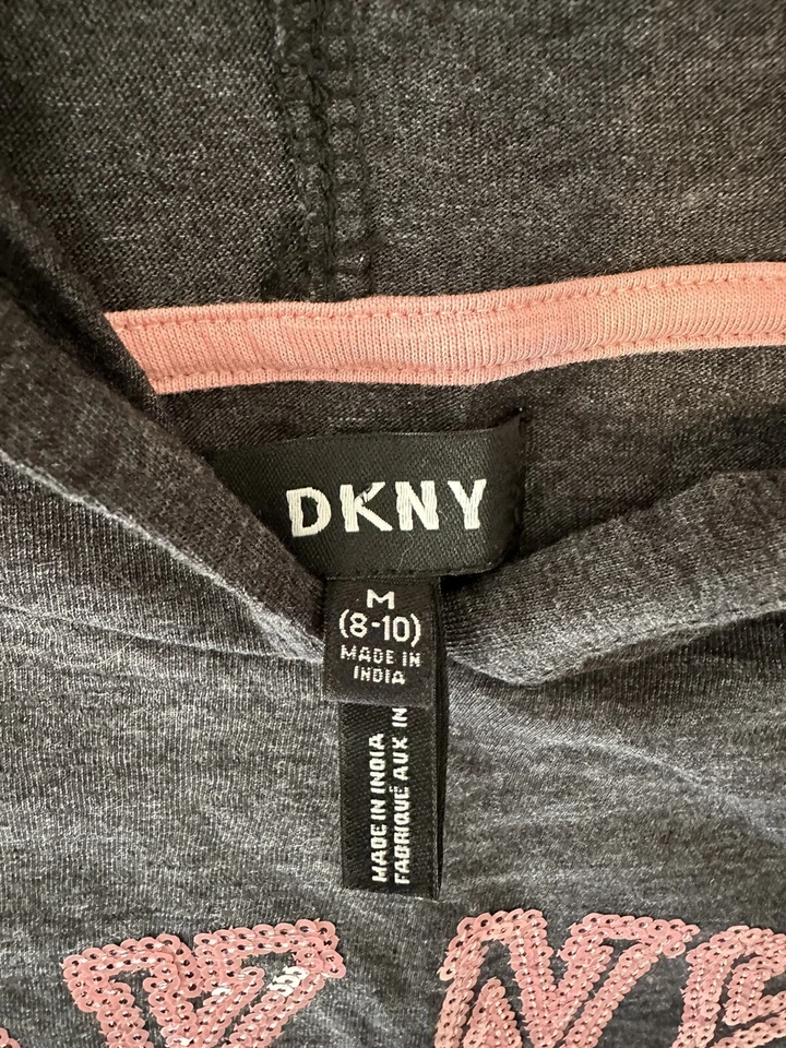 DKNY NWT Girls Tee Top Short Sleeve T-Shirt Logo Hoodie Gray/Pink S M 8-10 - Image 4 of 4