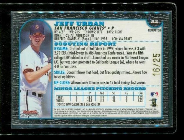 Vintage 1999 BOWMAN CHROME RC Refractor Baseball Card #82 JEFF URBAN Giants LE - Image 2 of 2