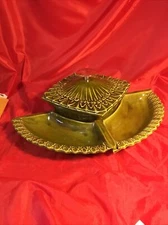 Vintage #12 USA POTTERY Avocado Green Chip and Dip Set W/2 Trays & Bowl W/ Lid