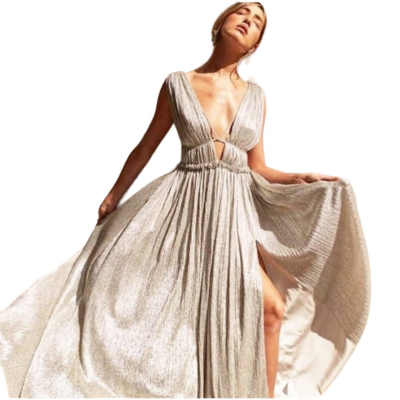 Jonathan Simkhai Pliss Lame Goddess Gown Maxi Dress Champagne Size L NWT |  eBay