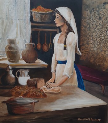 mixed media original vintage Oil  painting YOUNG WOMAN BAKING BREAD 12x9''