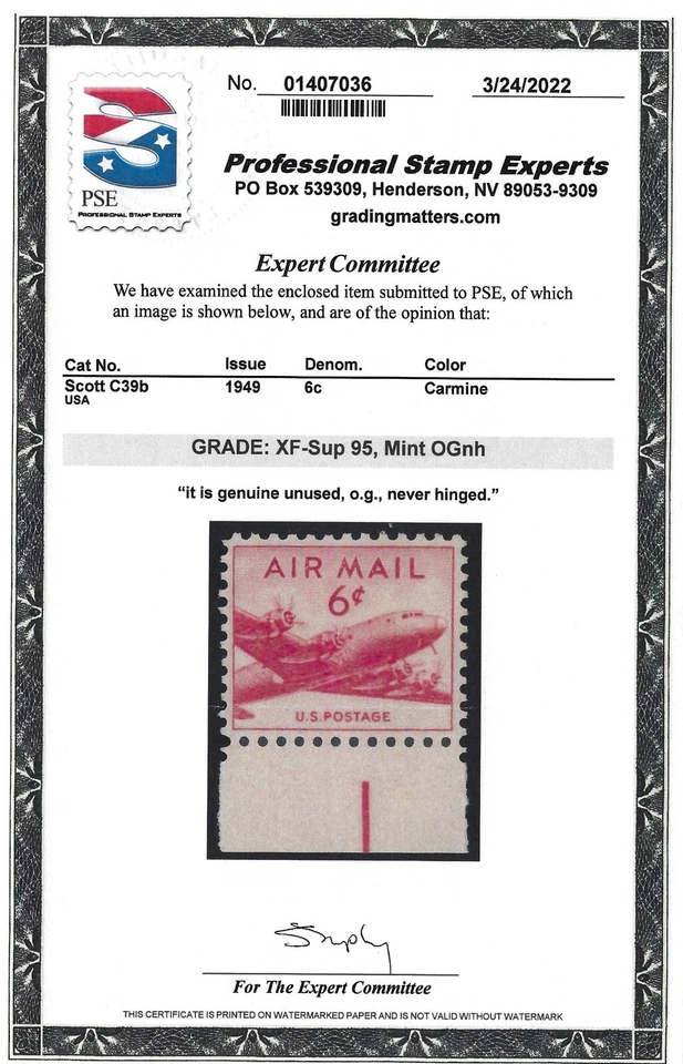 US Scott # C39b - Mint NH - PSE Graded XF / Superb 95                     (P2-1) - Image 3 of 3