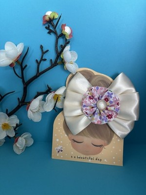 Girls Ivory Multicolor Hair Bow Floral Pattern Satin Fabric One Size Party
