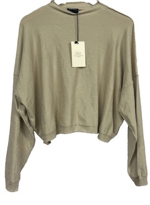Miou Muse Women s Cropped Sweater NWT Medium Beige Drop Shoulder Lightweight