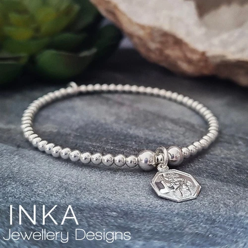 925 Sterling Silver Bracelet Beaded Stretch St Christopher charm Stacker by INKA