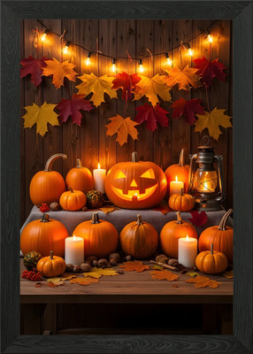Halloween Kürbisse und Herbstlaub gerahmtes Wandbild Poster Leinwanddruck Bild