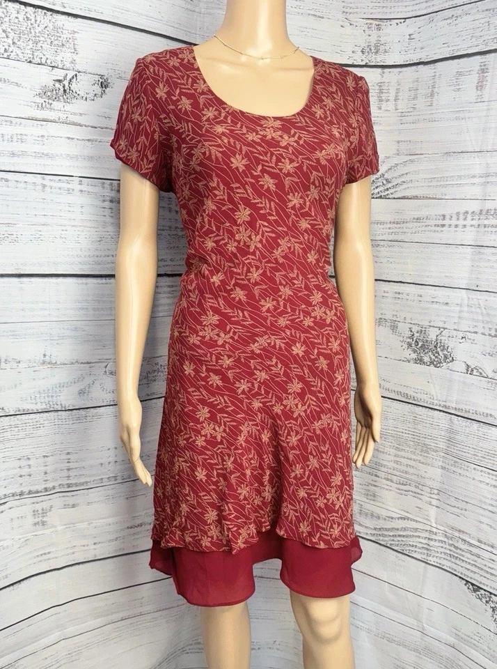 Винтажный Depeche 100% шелк красный цветочный платье Sz 12 чистый кромки богемное слоистый женский - Изображение 2 из 4