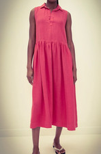 Daphne Popover Sleeveless 100% Linen Shirtdress in Magenta Pink NEW