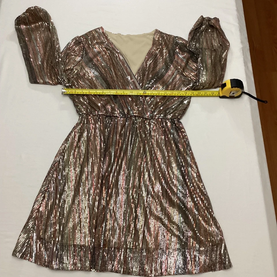 Mini Vestido Para Mujer Manga Larga Cuello en V Envolvente Lentejuelas Brillantes L Foto 4 de 4