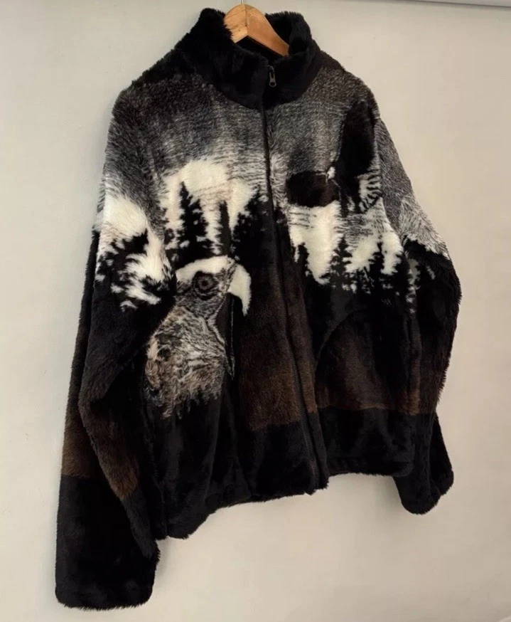 Eagle Forest Print Herren Damen Fell Fleece Jacke Größe Large Vintage 90er Unisex - Bild 3 von 4