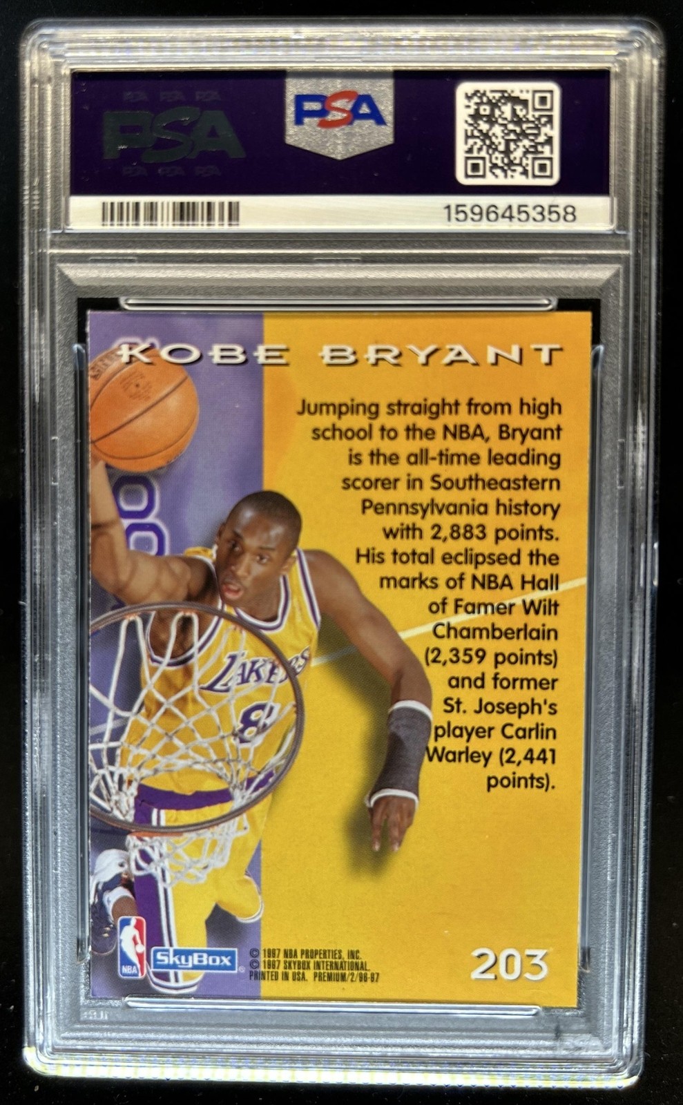 1996-97 Skybox Premium Kobe Bryant Rookie RC #203 Lakers PSA 9 view 2