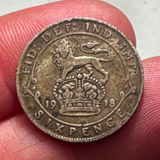 1918 Great Britain George V Sixpence Silver Coin KM#814 Lion on Crown Reverse