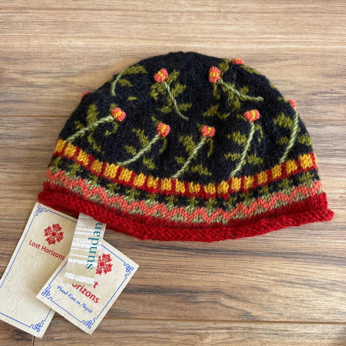 Lost Horizons Tranquil Blooms Wool Floral Embroidered Pom Beanie NWT Nepal Blooms Beanie - Cozy Wool Cable Knit with Embroidered  main image 2