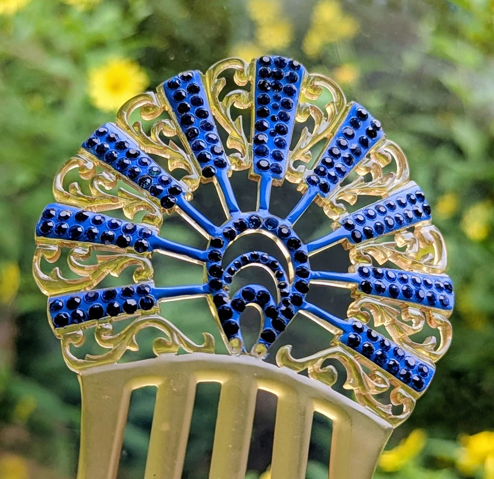 Винтажная большая расческа для волос в стиле ар-деко целлулоид синий стразы испанский стиль 5,5 дюйма - Изображение 3 из 4
