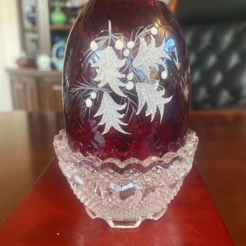 Fenton Fairy Lamp Ruby Red Holly and Berry Diamond Optic Hand Painted Signed Vtg