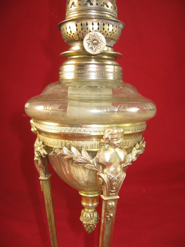 duo lampes à pétrole Empire bronze cristal tripodes - Photo 2/4