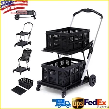 Folding Shopping Cart with Wheels Collapsible Cart with Storage Crate 2-Layer