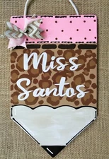 Personalize CHEETAH Print TEACHER PENCIL SIGN Plaque School Wall Door Hanger