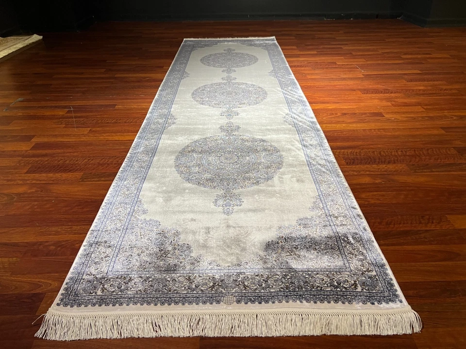 3x10 ft Gray Beige Turkish Silk Runner Rug – Natural Oriental Entryway Rug - Image 3 of 4