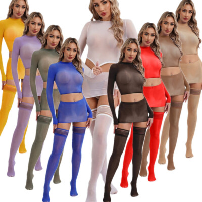 Damen Transparente Dessous Set Sexy Tank Tops mit Bodycon Minirocke und Strümpfe