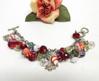 Silver Tone, Lampwork Art Glass & Crystal Bead Charm Bracelet 7.5"
