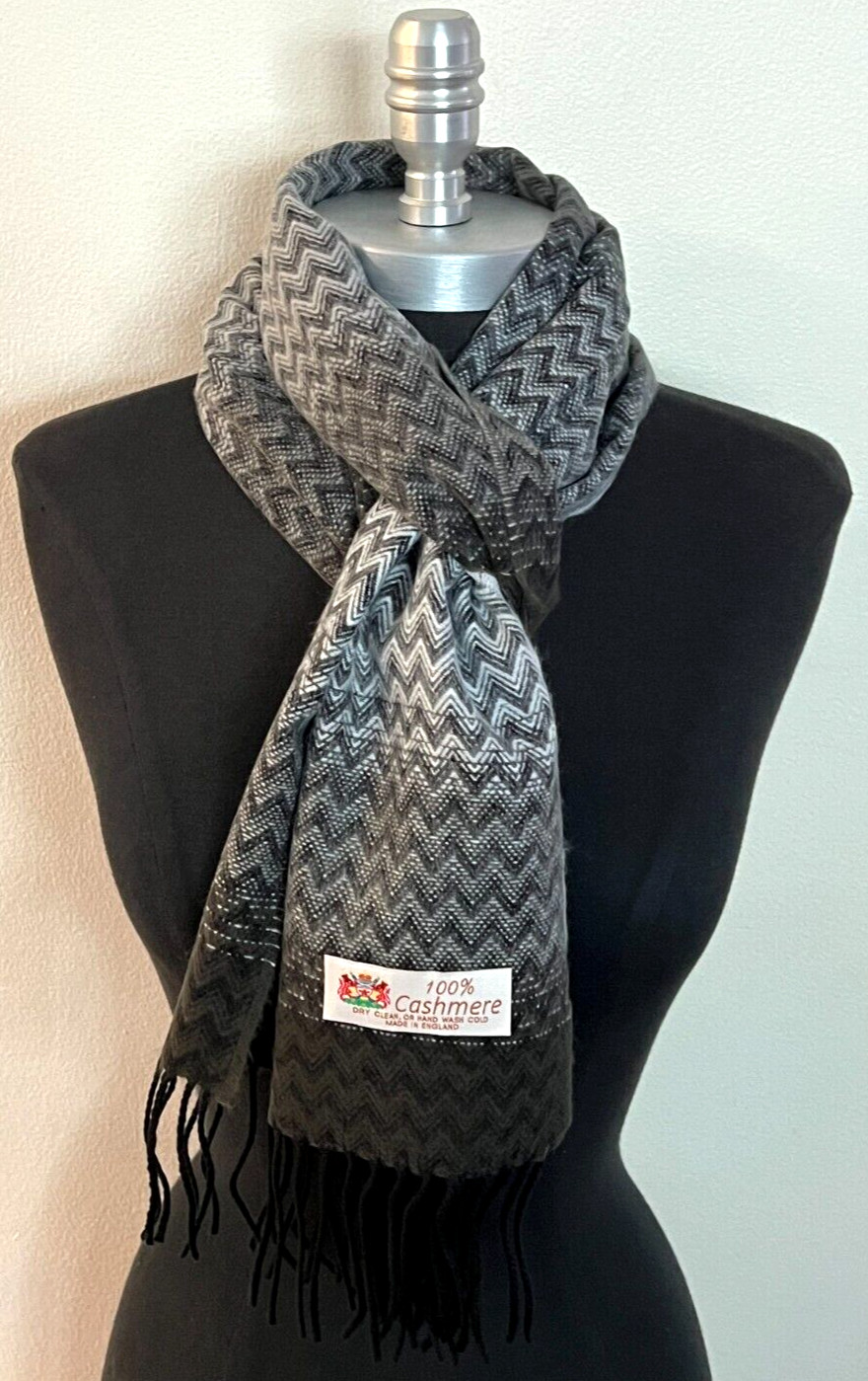 New 100% CASHMERE SCARF Wrap Chevron Grays/Black Made in England Soft #V09
