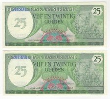 1985 Suriname 25 Gulden Banknotes x2 – Pair