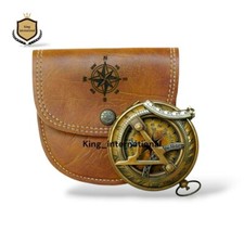NAUTICAL BRASS SUNDIAL POCKET COMPASS WITH LEATHER CASE VINTAGE GIFT