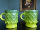 VTG Kimberly Diamond Pattern Set of 2 Anchor Hocking Green Coffee Cup Mugs AS IS