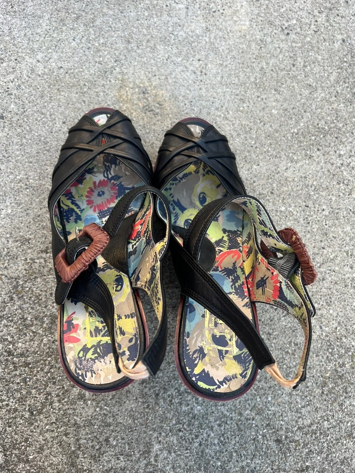 Sandalias de plataforma Miss L-Fire Rockabilly de cuero marrón con tacón de madera RARAS talla 9 Foto 4 de 4