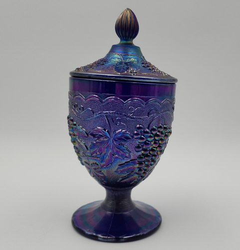 Vtg Imperial Glass Carnival Cobalt Blue Peacock Leaves & Grape Candy Dish w/ Lid - Picture 3 of 11