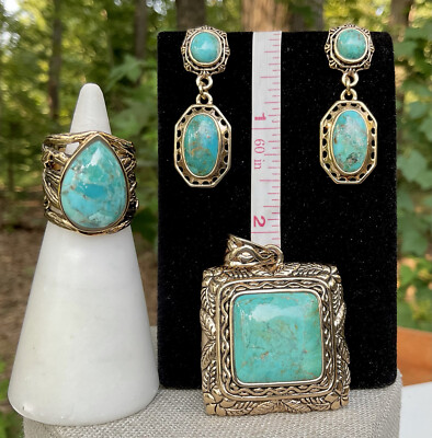 BARSE BRONZE TURQUOISE PENDANT, RING SZ EARRINGS SET