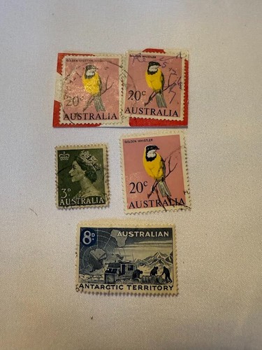 5pc Vintage Australian Stamp Lot - Antarctic Territory Golden Whistler Bird QEII