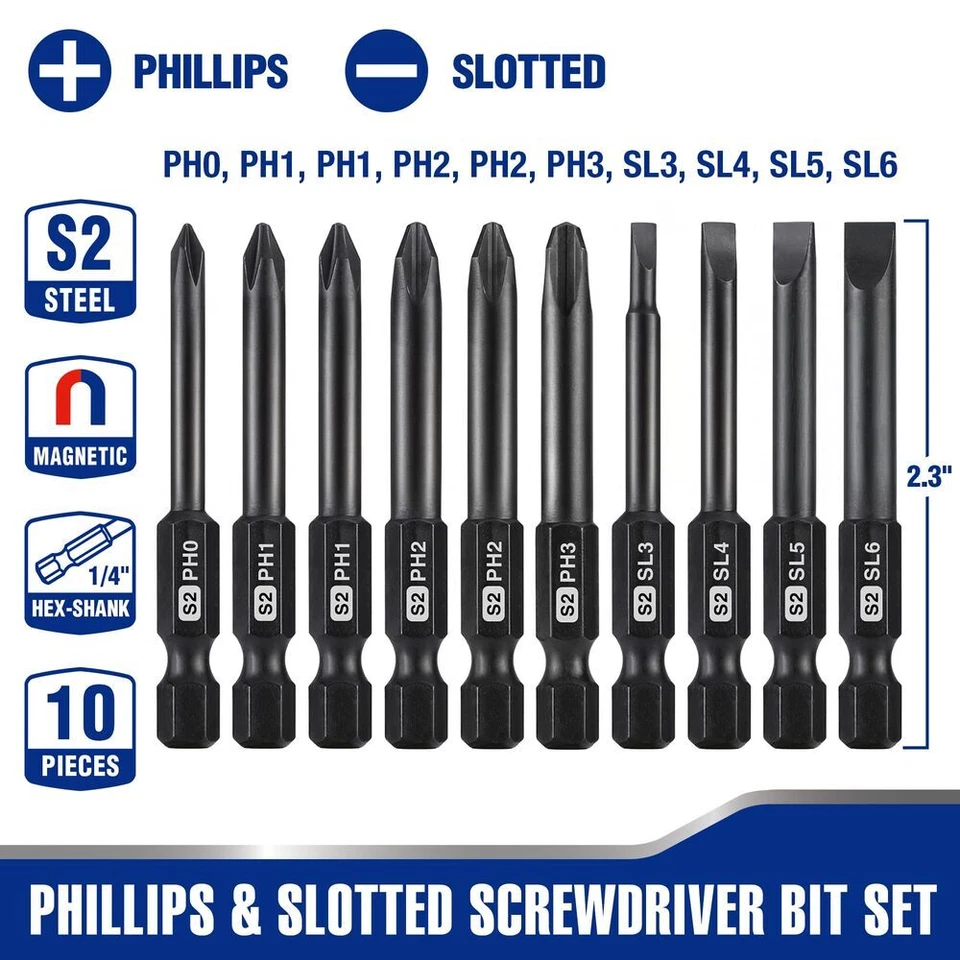 WORKPRO 10PC Magnetic Slotted Phillips Screwdriver Bit 1/4" Hex Shank Driver Bit - Image 2 of 4