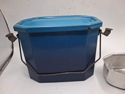 Vintage Blue Enamel Graniteware French Lunch Pail Box With Tray Handle Tray
