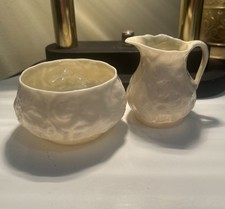 Belleek Irish Lotus Creamer and Sugar Bowl Porcelain 3.5" Green Stamp