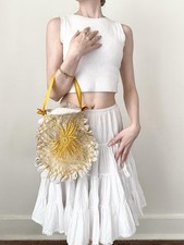 Antique Edwardian 1900s Mustard Yellow Crochet Purse Bag with Silk Strap