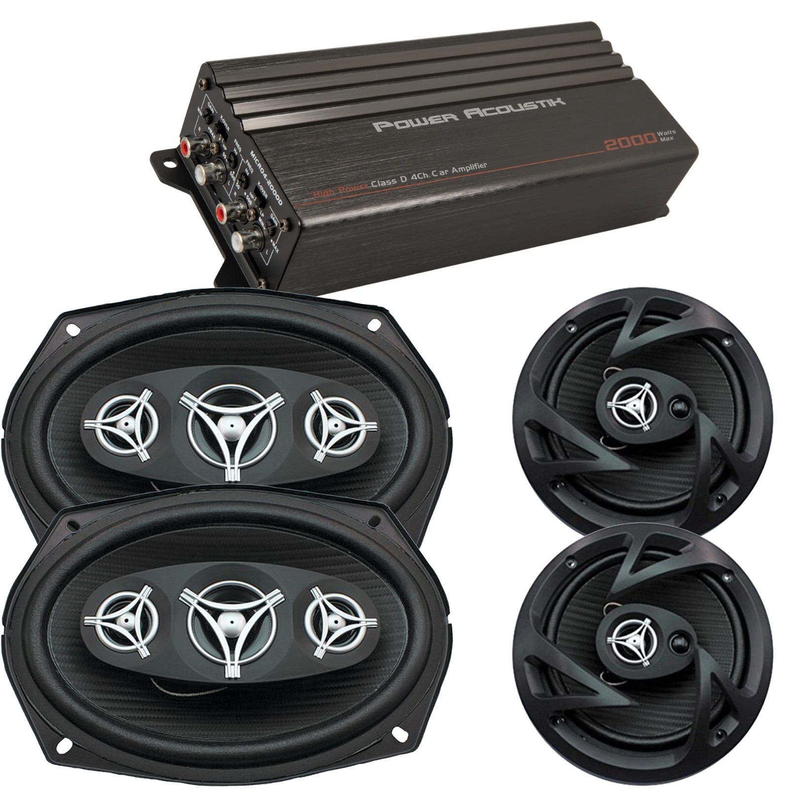 Power Acoustik 4 Channel 2000W Amplifier | 800W 6x9" | 400W 6.5" Speaker Package