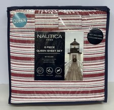 Nautica Home White Red Gray Stripes 6pc Queen Sheet Set 100 Polyster NIP