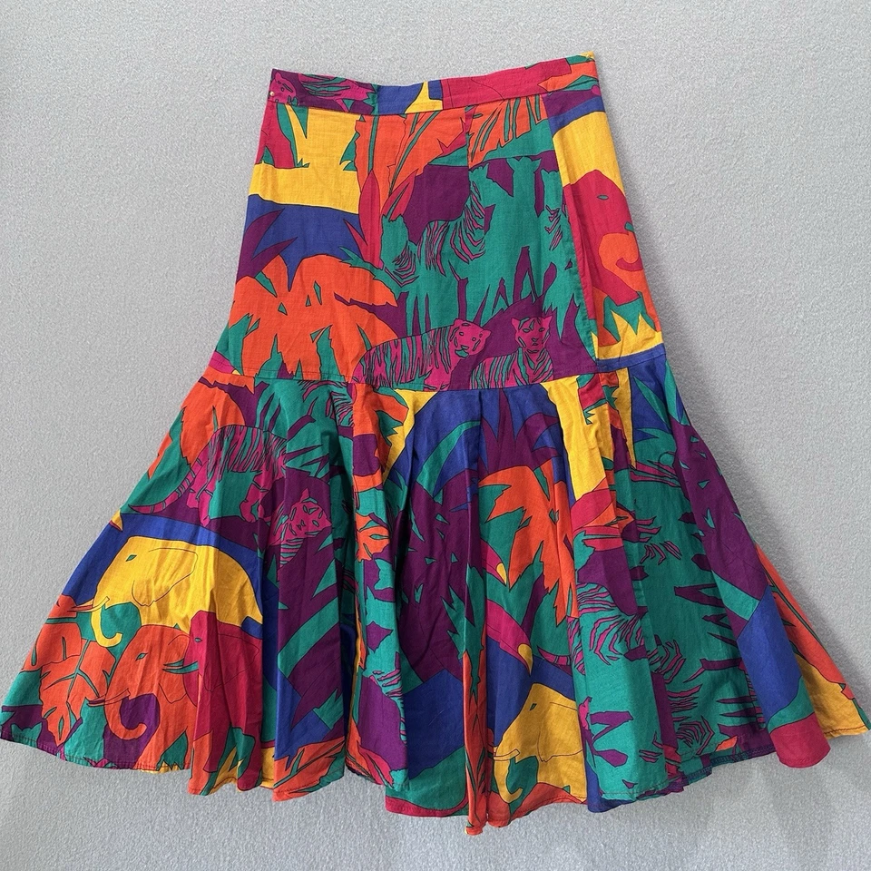 Falda Midi Colorida Bergdorf Goodman De Colección Talla 4 Animales Cremallera Espalda Ajuste Artístico Acampanada Foto 2 de 4