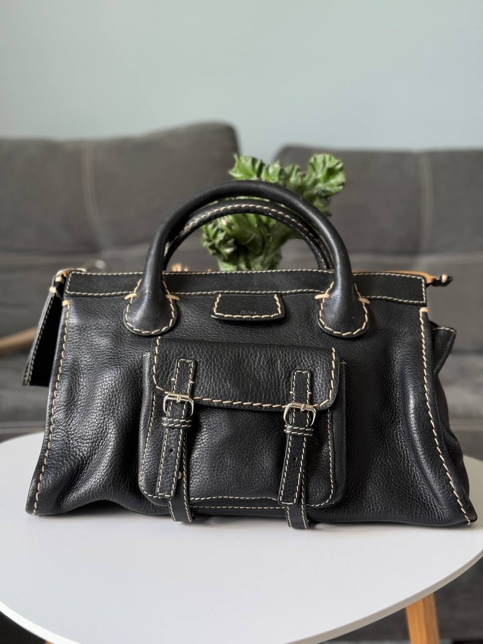 Chloe Edith Medium Black Leather Brown Knit Ladies Handbag